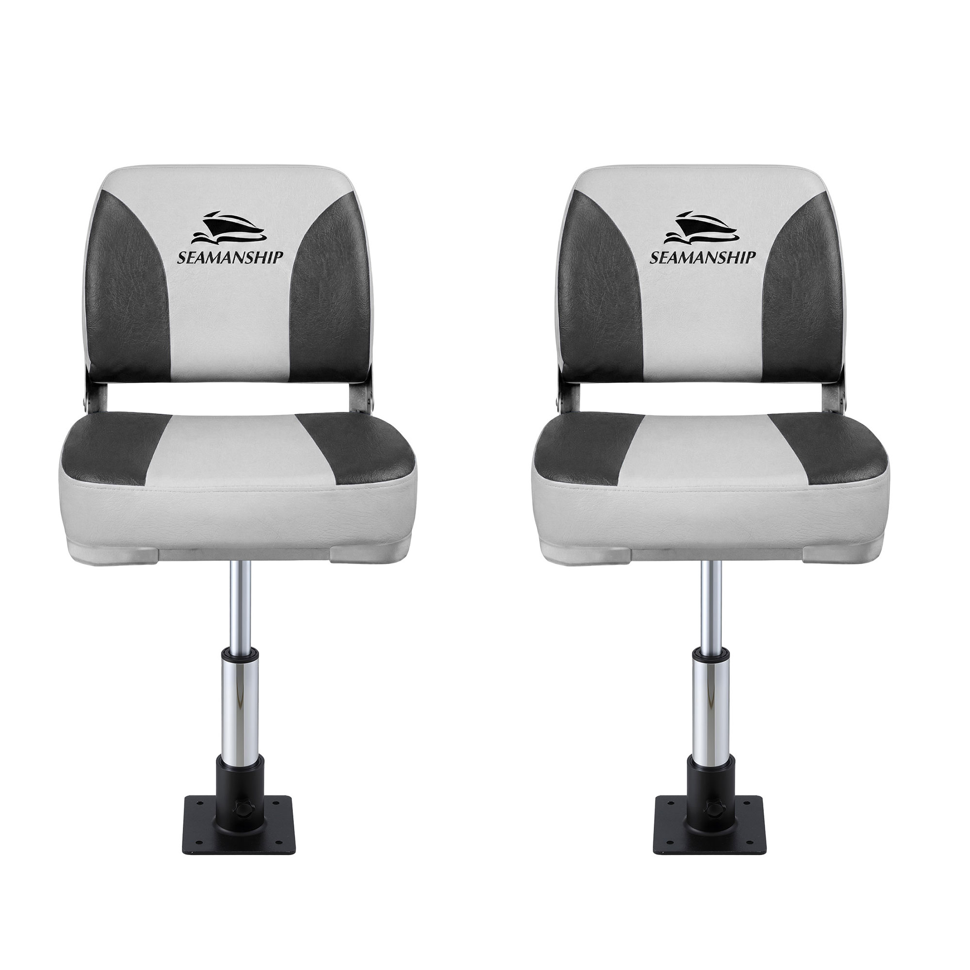Seamanship 2X Folding Boat Seats with 2X Adjustable Pedestals 34–46cm Marine Swivel Low Back 13cm Padding Charcoal — image 3