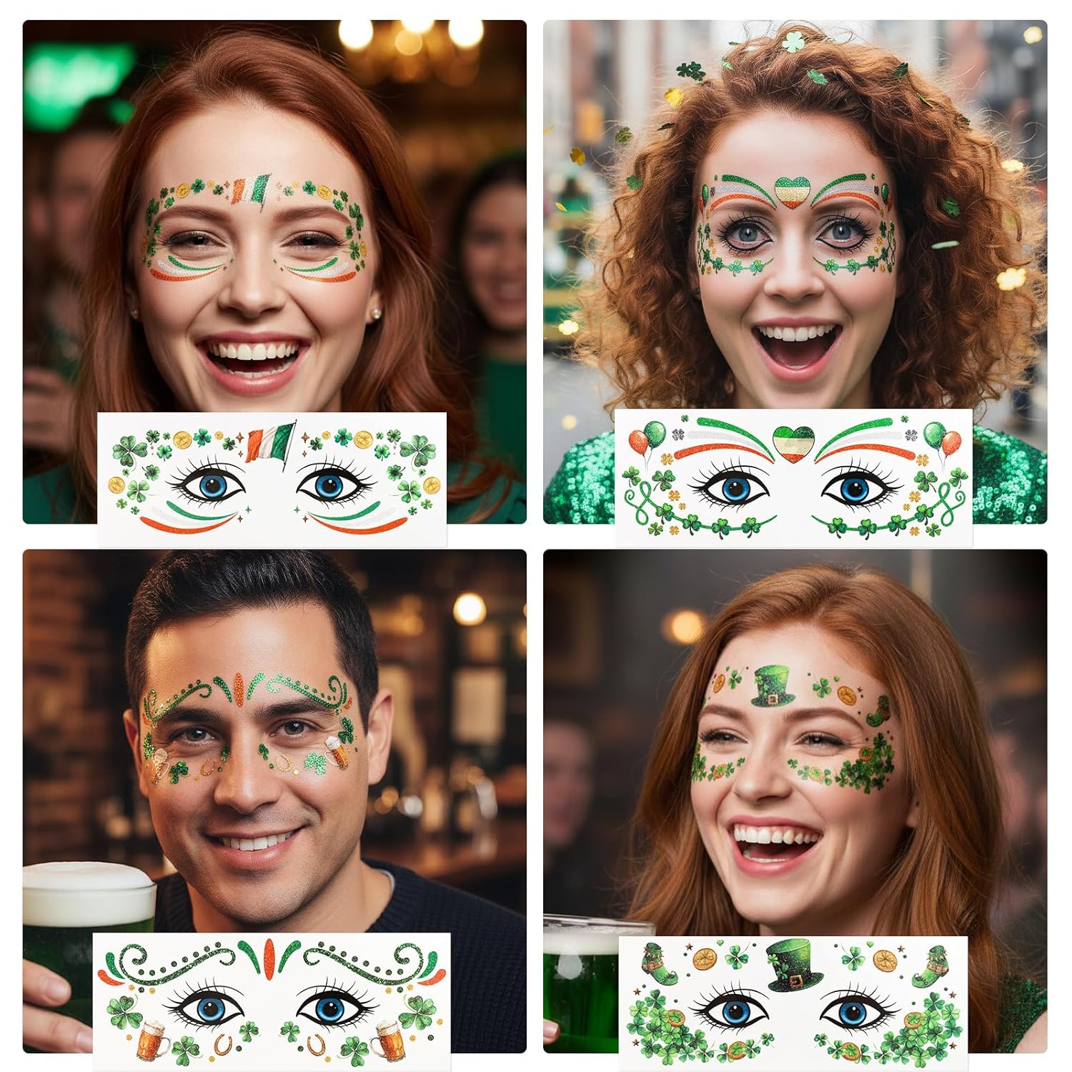 Ceiba Tree St. Patrick's Day Face Stickers Temporary Tattoos 10 Sheets Saint Patrick's Day Irish Shamrock Clover Make up Accessories for Women Kids Party — image 6