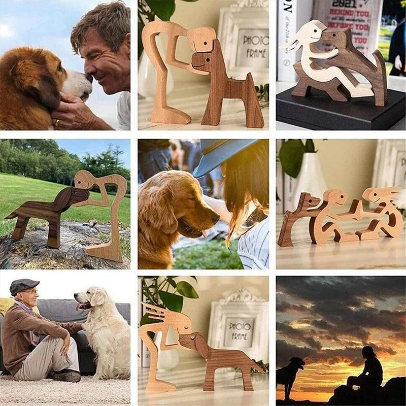 Handmade Wooden Statue Sitting Family and Dog Craft Home Decor - B05 — image 5
