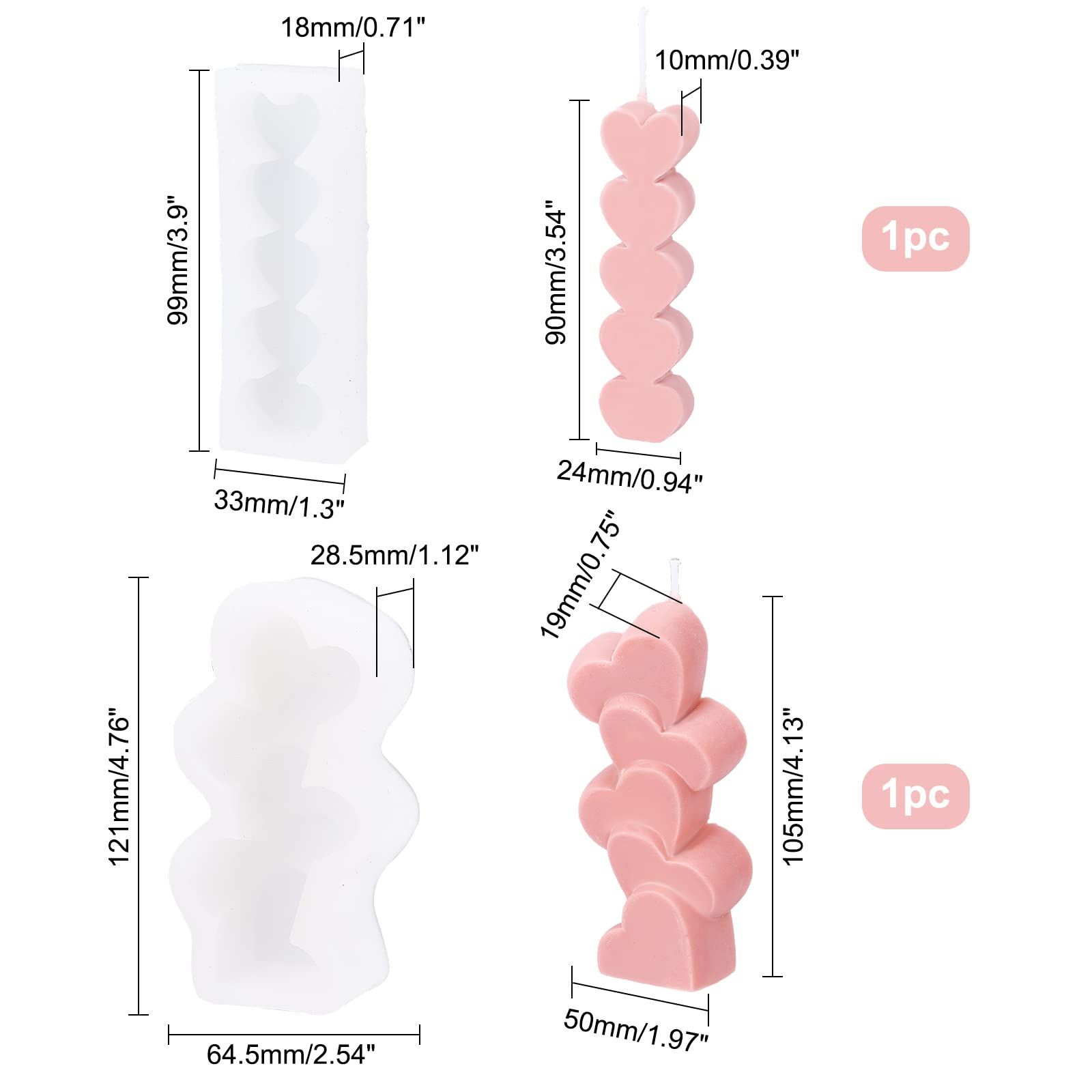 2 Style Heart Candle Silicone Mold 3D Stacking Hearts Shape Resin Casting Mold 3D Scattered Love Candle Mold for Chocolate Candy — image 4
