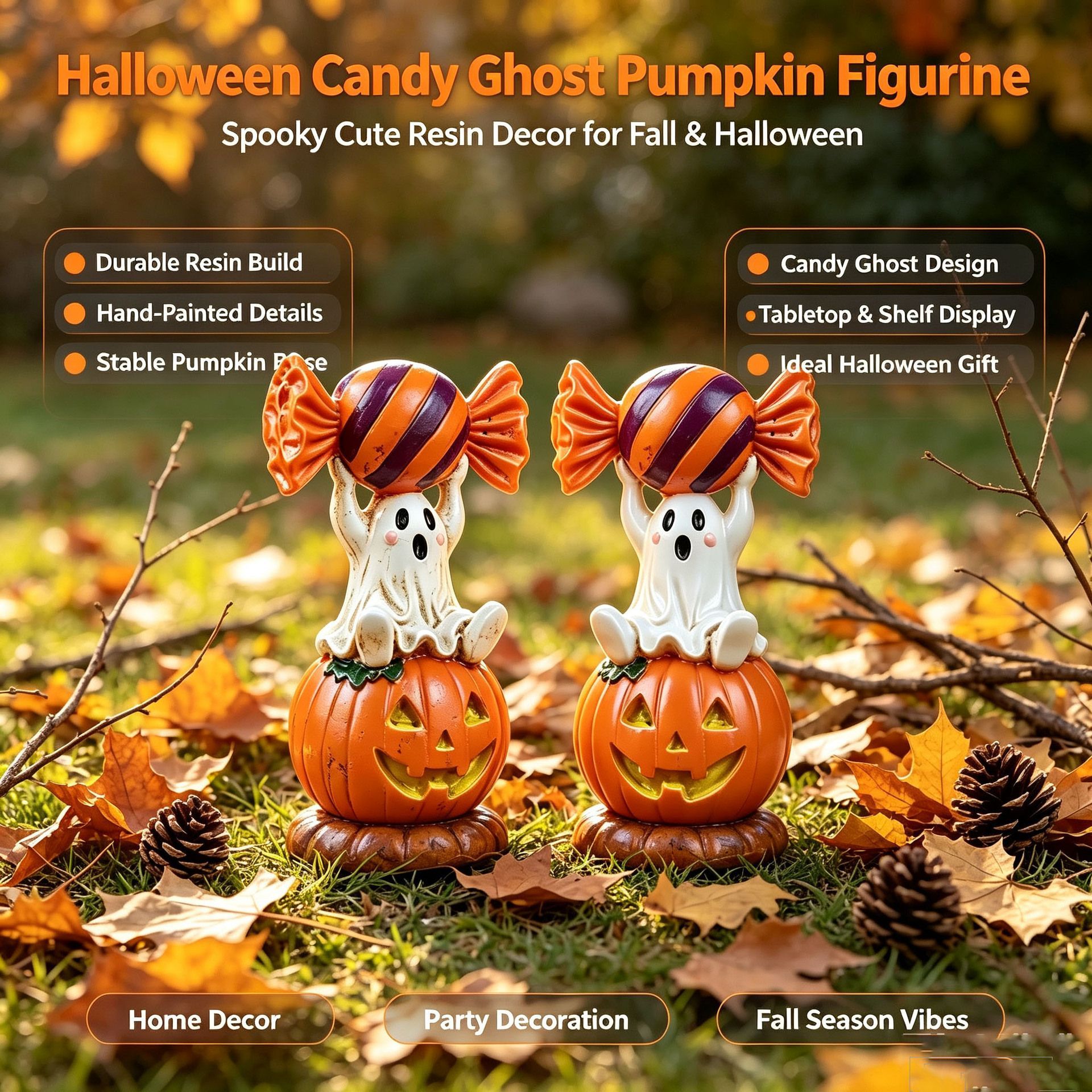 Halloween Resin Ghost Pumpkin Figurine: Little Ghost Sitting on Pumpkin with Candy on Head, Glossy Finish, Perfect Desktop and Party Decoration โ image 2