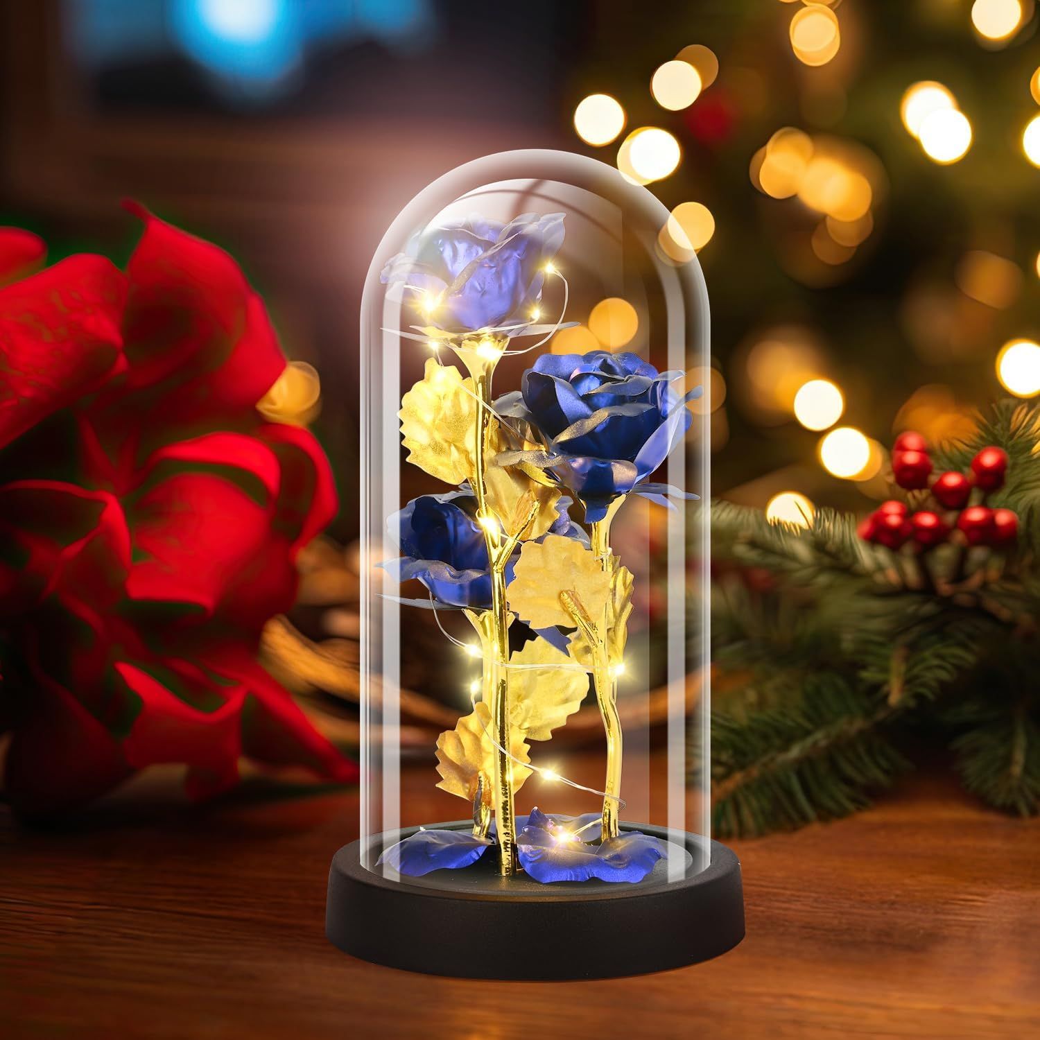 Eternal Blue Rose in Glass Dome with LED Lights, Romantic Forever Flower Gift for Valentine’s Day Anniversary Mother’s Day Birthday (Blue) — image 2