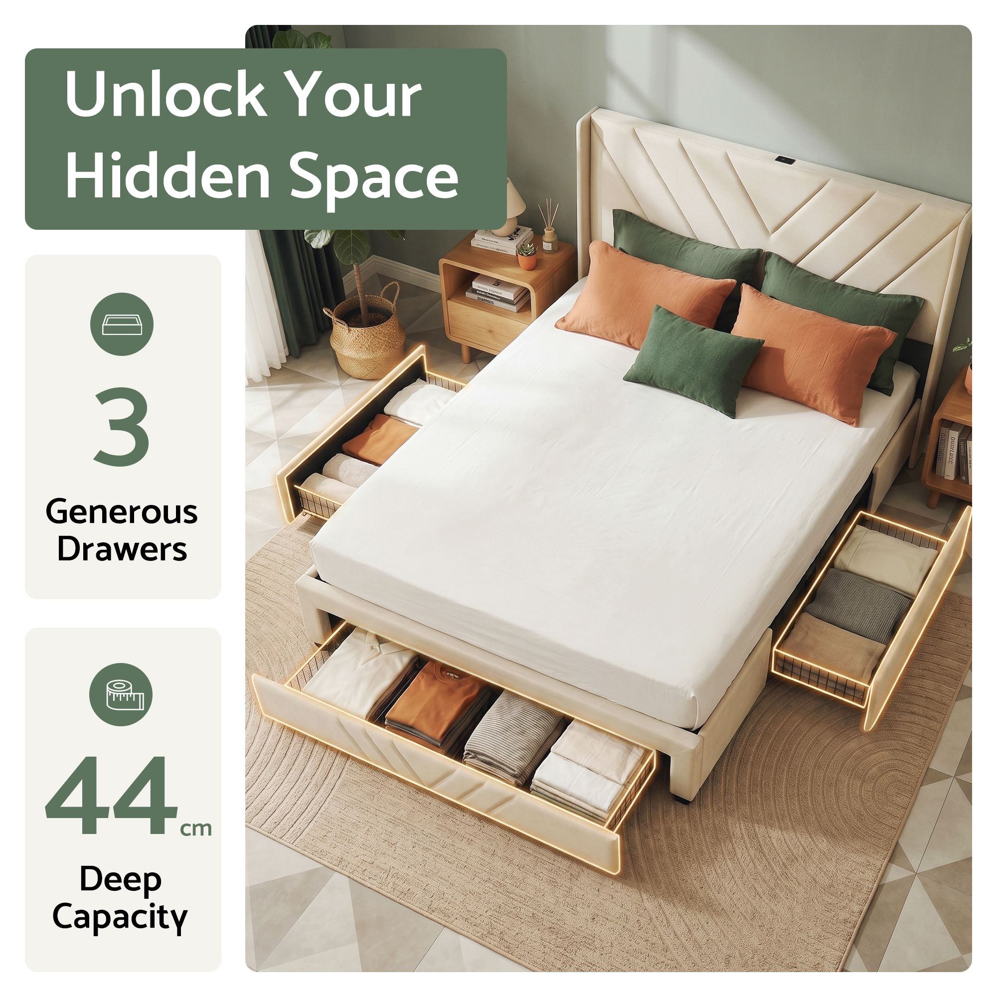 Artiss Double Bed Frame with Charging Station and Storage Drawers Beige 300KG Noise Free โ image 5