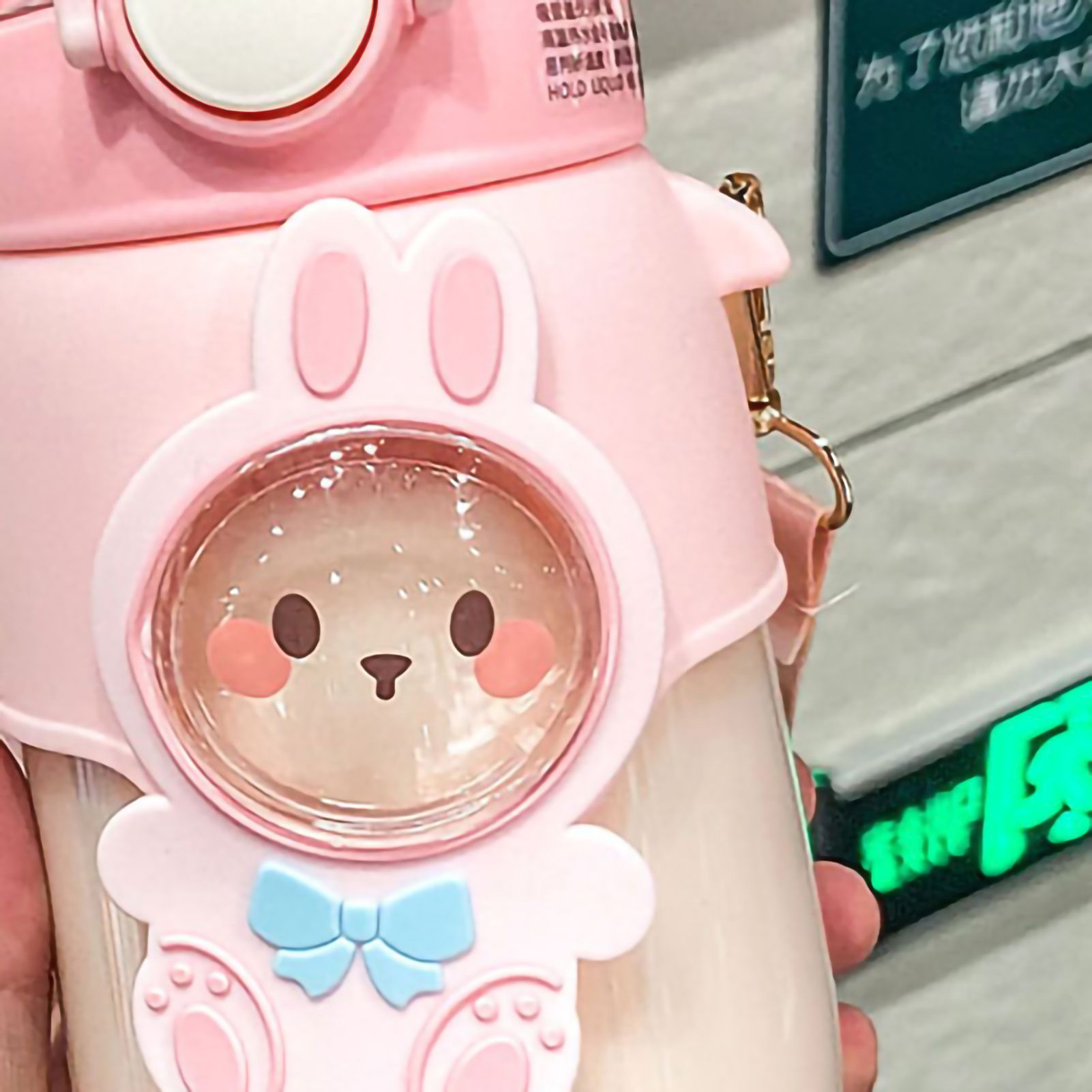 Soft Straw Drinking Cup Portable Plastic Sippy Cup Cartoon Pattern Water Bottle with Strap Pink — image 5