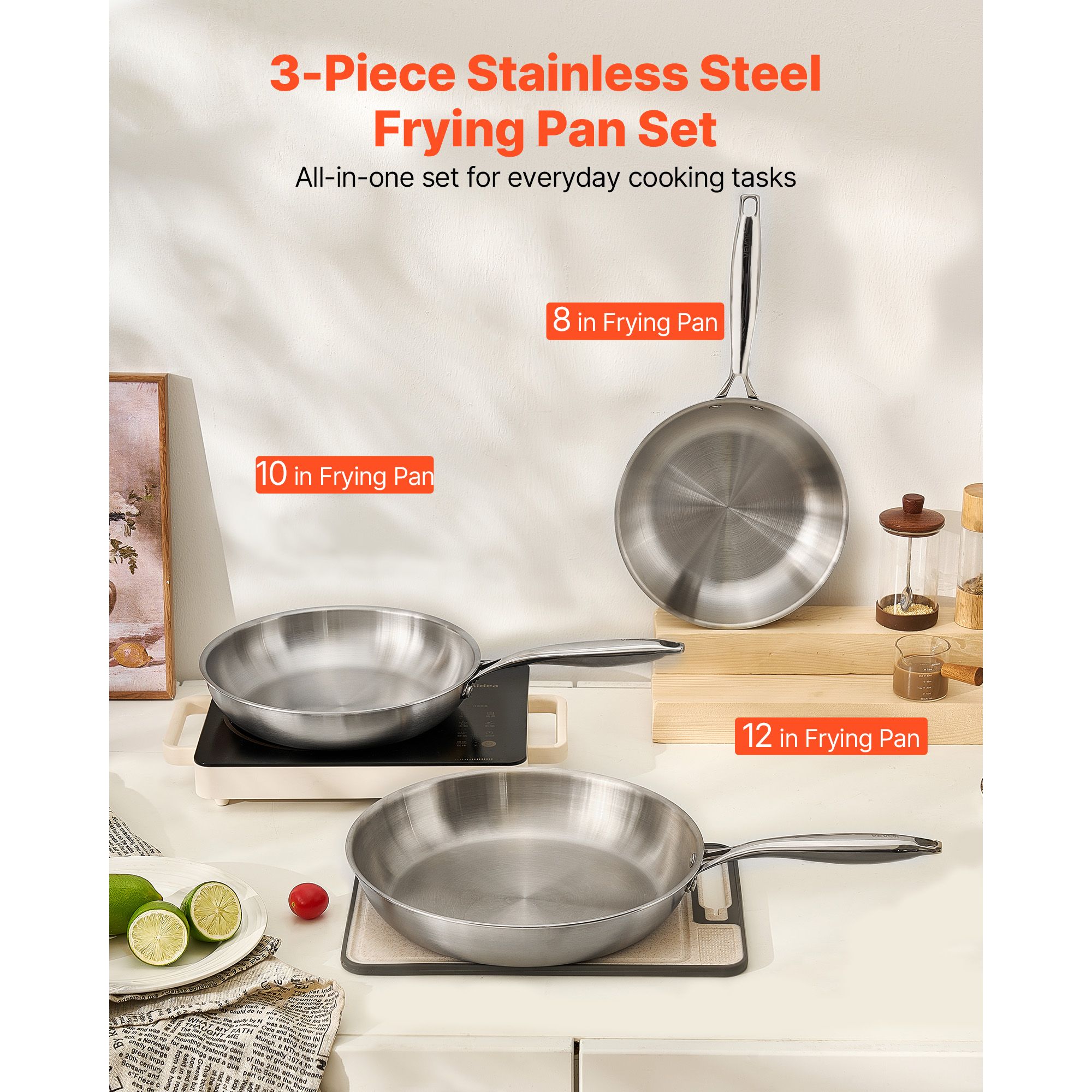 Tri-Ply Stainless Steel Frying Pan, 3 Piece (240, 280, 320 mm), Cooking Skillet with Heat-Resistant Handle, Chef's Kitchen Cookware, Oven, Gas, Electric โ image 2