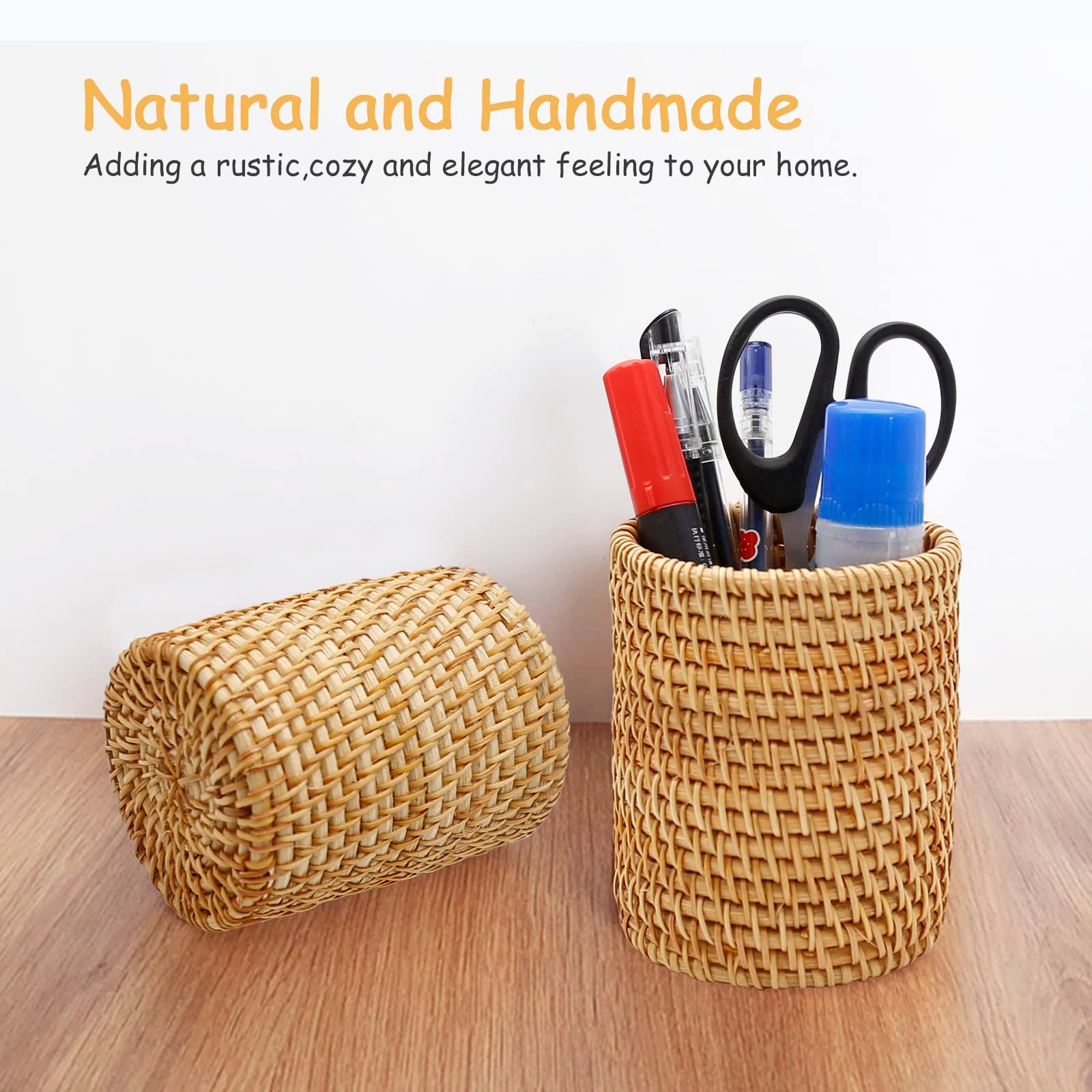 2 Pack Rattan Pencil Holder Handmade Pen Organizer Boho Desk Accessories Pen Cup Holder Desk Accessories Aesthetic Holder for Desk Cute โ image 4