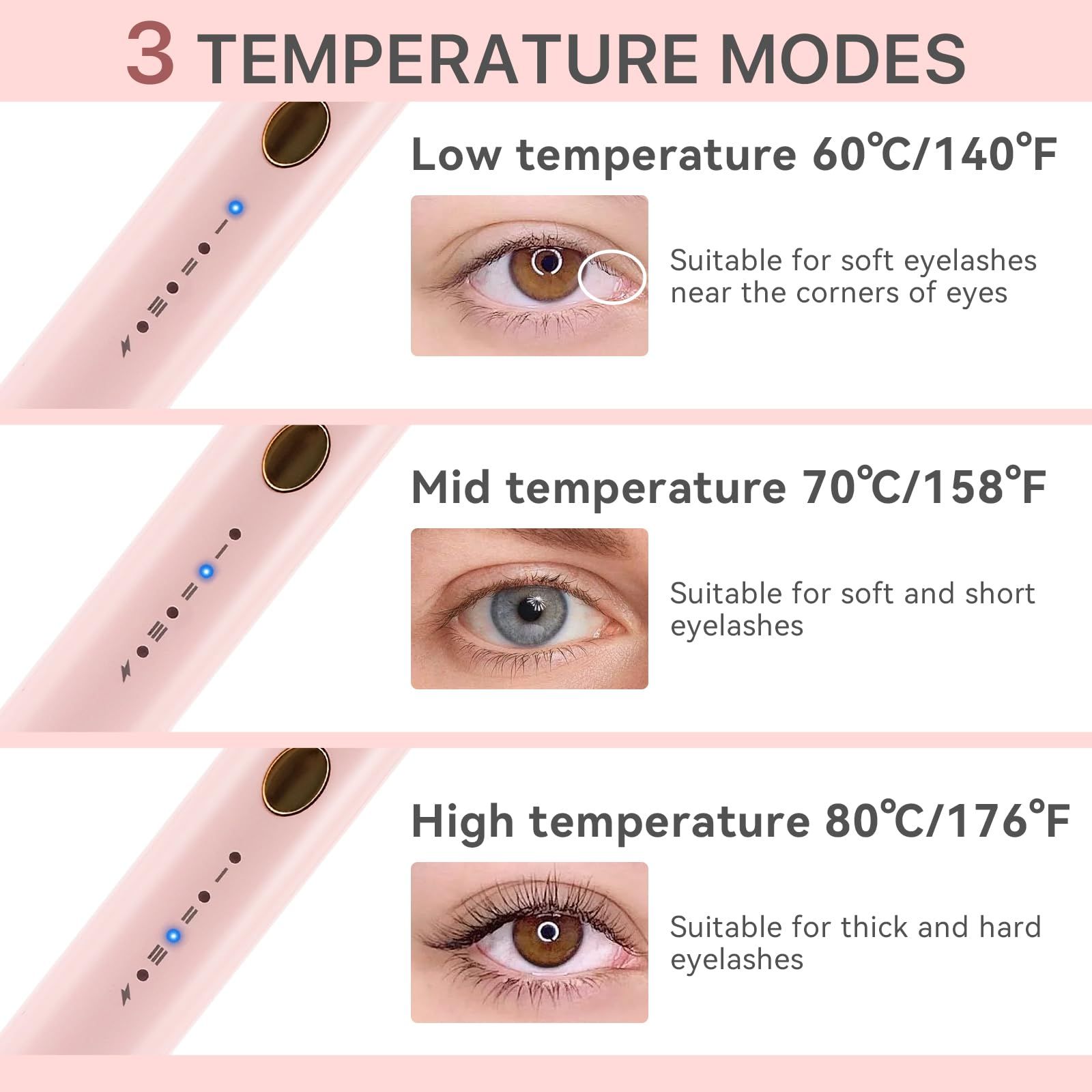 360° Heated Lash Brush Rechargeable with 3 Brush Heads & 3 Temp & 5s Fast Heating【Lengthen/Define/Curler】 3-in-1 Lash Curler for All Types of Lashes 【pink】 — image 3