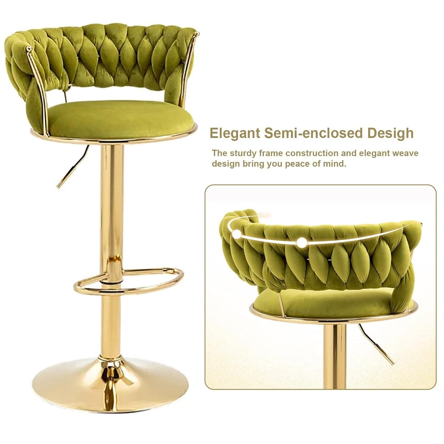 SERENITà 2x Height Adjustable Swivel Bar Stool Velvet Golden Base Barstools Chairs Padded Seat Olive Green — image 3