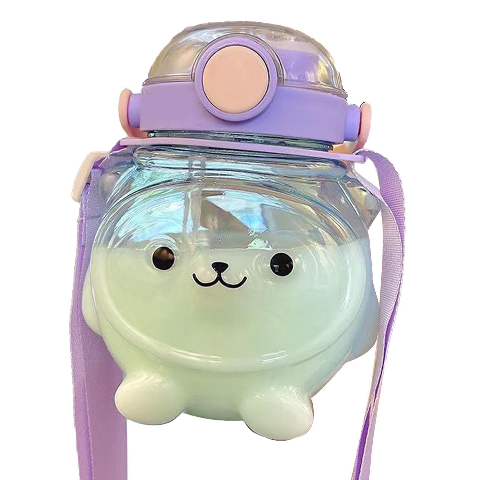 Large Water Bottle 1000ml Cartoon Bear Shape Portable Drinking Bottle with Straw Strap for Summer Purple — image 3