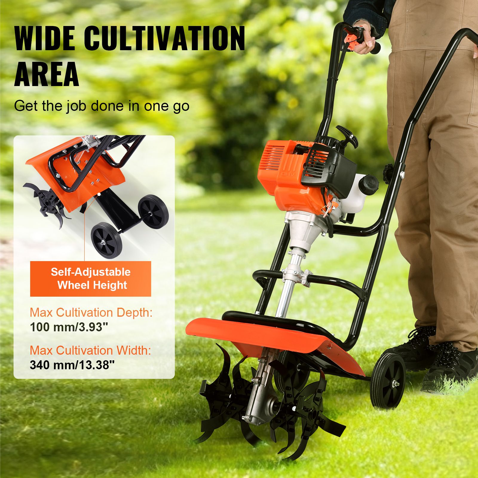 Tiller Cultivator Gas Powered, 31CC 4-Stroke Garden Cultivator, Tiller with 4 Steel Adjustable Front Tines for Lawn, Garden and Field Soil Cultivation — image 4