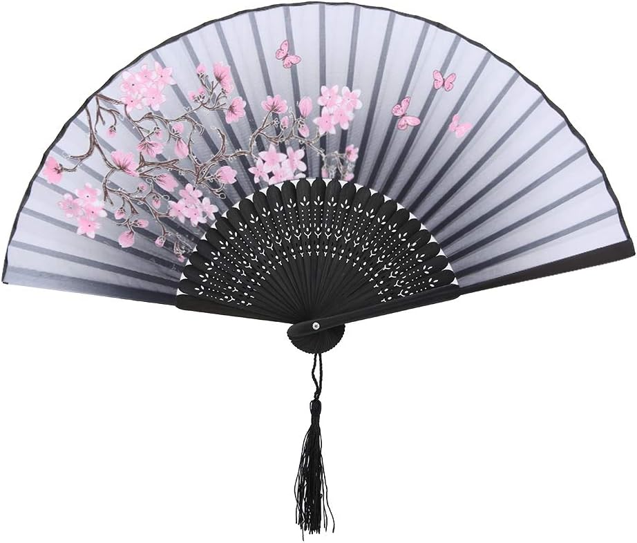 Hand Held Folding Fans, Floral Fans Handheld Paper Fan with Tassel Vintage Hollowed Holding for Dance Props Home Decoration(Gray) Grey — image 5