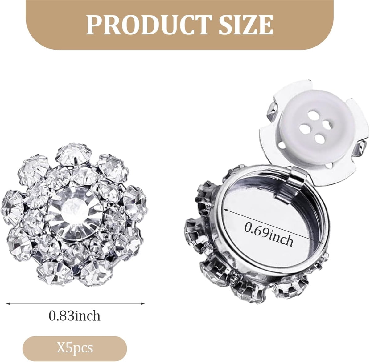 Rhinestone Button Cover 5 Pcs Golden Crystal Cover for Women Blouses Detachable Shirt Clips Buttons Crystal Fancy Buttons for Dress Suit Jeans Clothing DIY — image 2