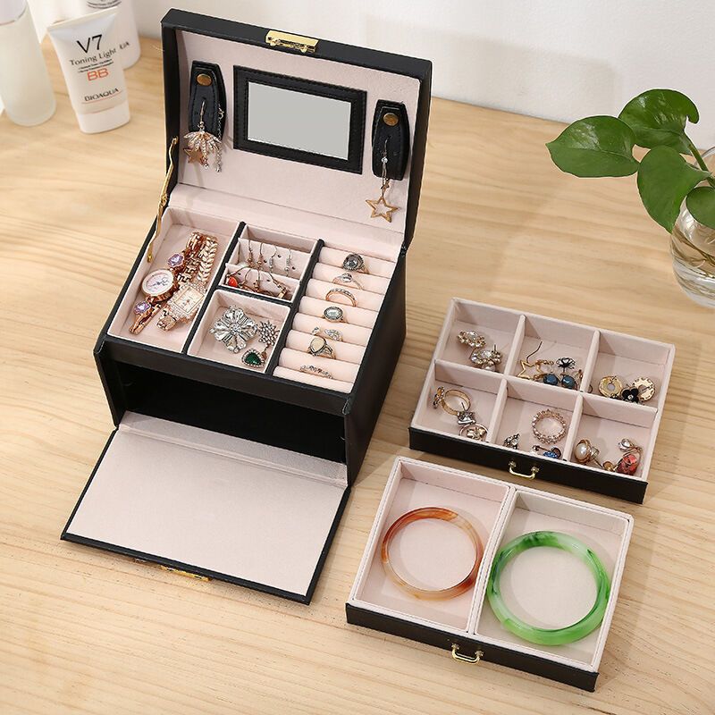 Jewelry Box 3 Layer Faux Leather Makeup Case with 2 Drawers Black — image 4