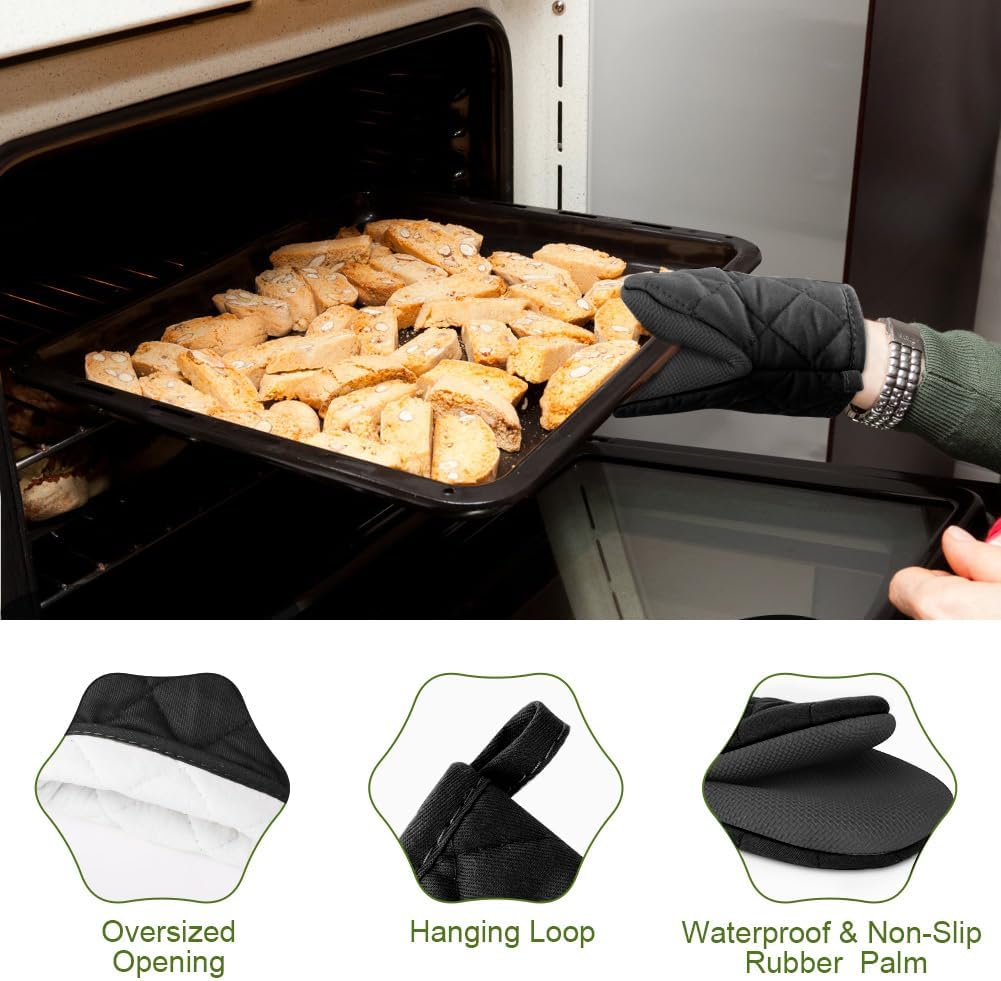 1 pair of short oven mitts made of neoprene cotton - black - with non-slip surface and hanging loop - suitable for cooking, baking and grilling — image 3