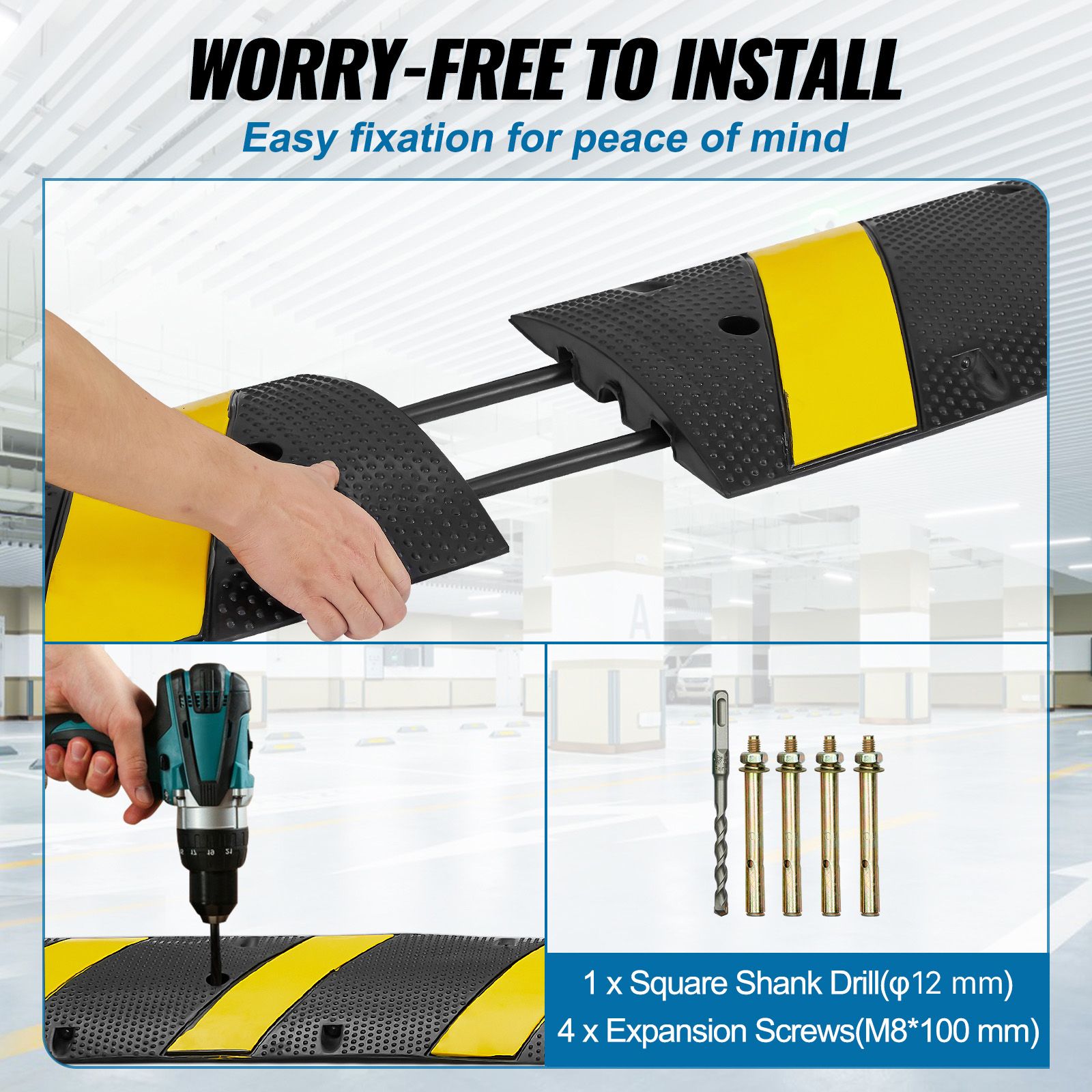 6 ft Rubber Speed Hump, 2 Channel, 10000 kg/axle Load Capacity Heavy Duty Traffic Speed Bump, with High Reflective Yellow Strip 4 Expansion Screws and 1 Drill โ image 6