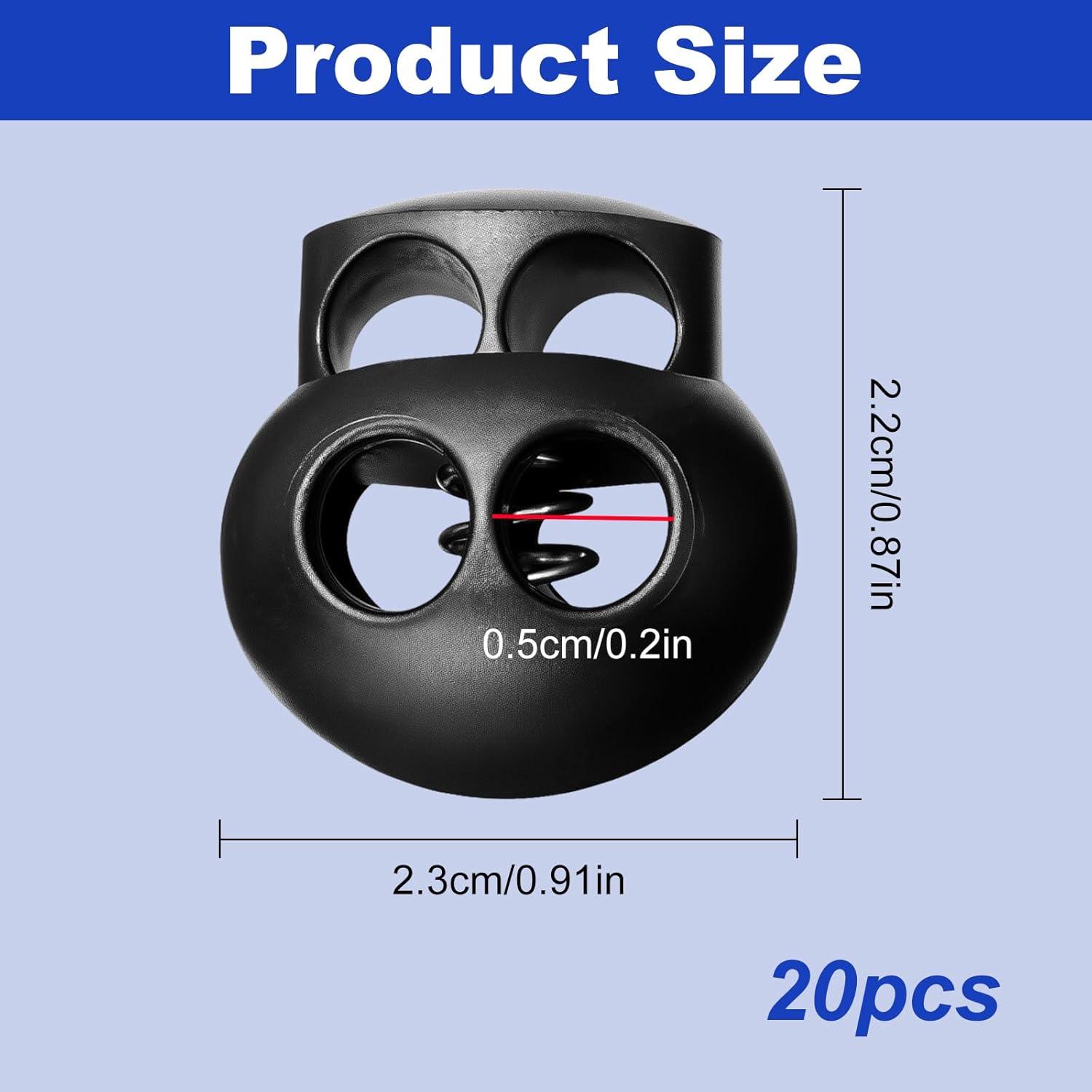 20Pcs Spring Cord Lock End Stopper Fastener Slider Toggles Clip - Double Hole Round Plastic for Drawstrings Lanyard Paracord Elastic Bungee Shock Cord Rope