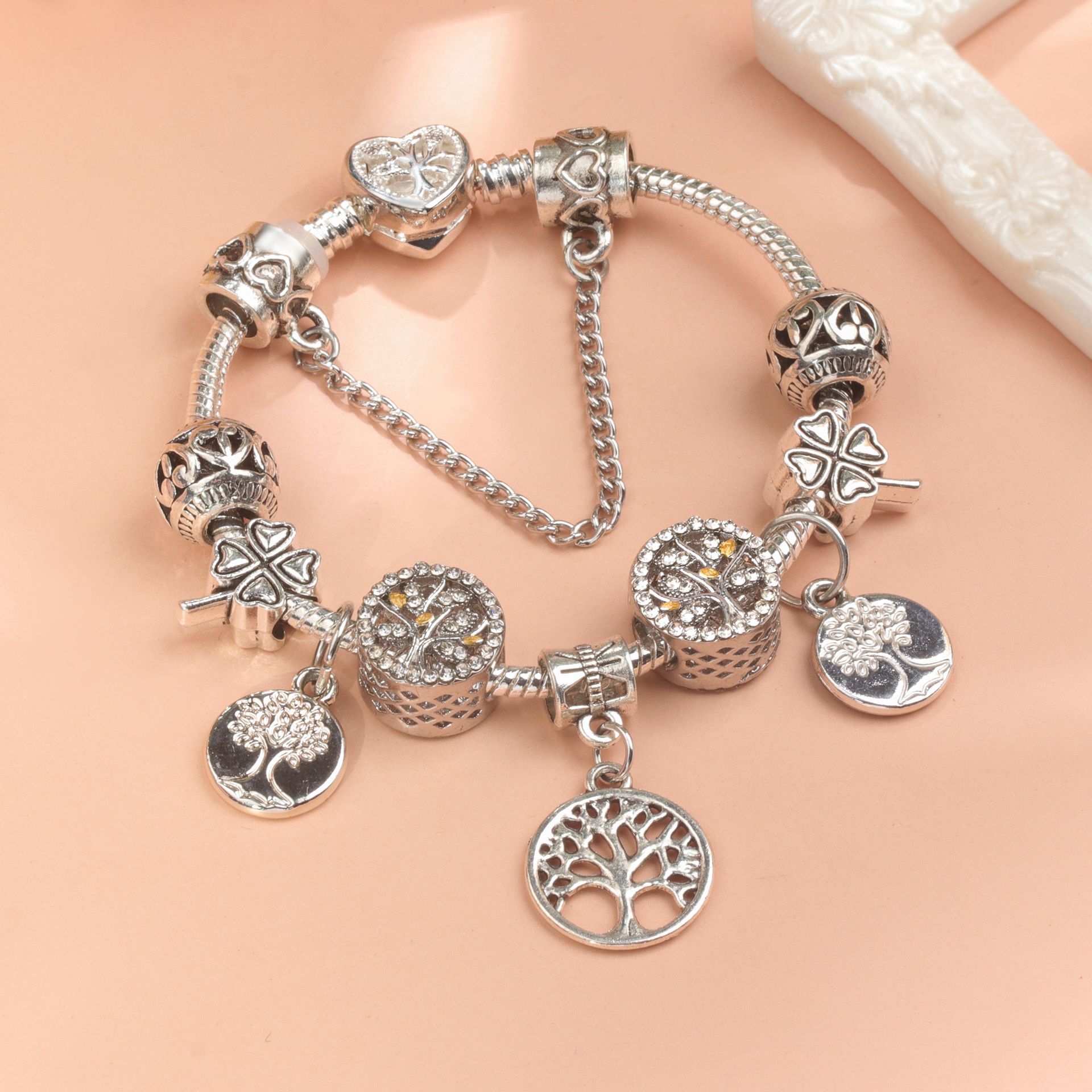 Vintage Silver Tree of Life CZ Four - Leaf Clover Charm Bead DIY Bracelet, Retro Style(19cm) โ image 3