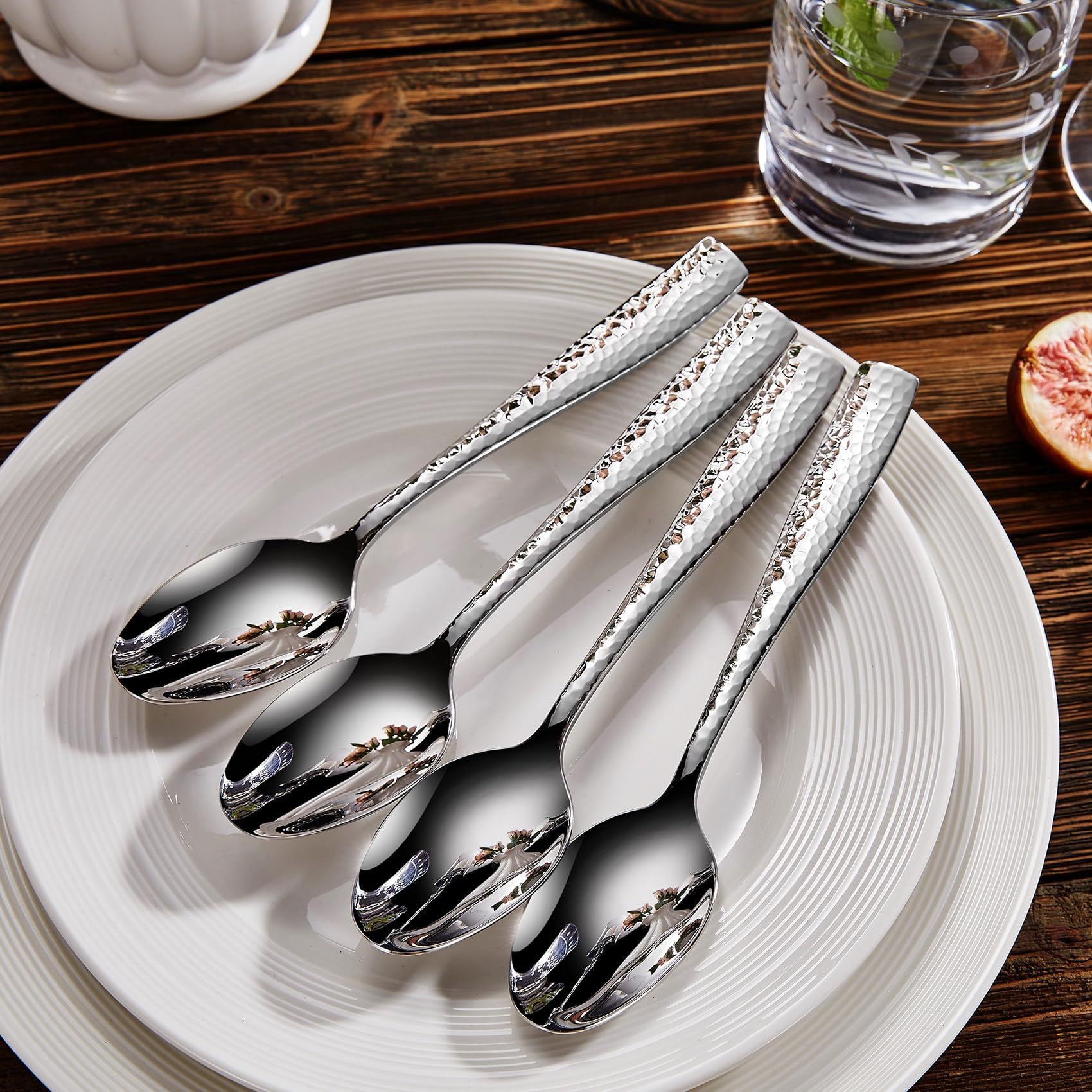 4pc Premium Hammered Spoons Set, Stainless Steel, Set of, Fine Spoon Set with Squared Edge, Dishwasher Safe — image 4