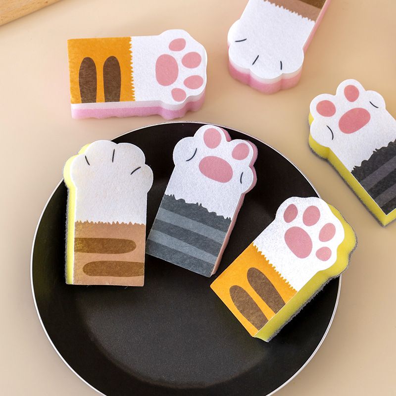 6PCS Kitchen Scrub Sponges Non-Scratch Multi-Use Heavy Duty Scrub Sponge for Dishes Pots and Pans Three-Layer Cat Shape Cleaning