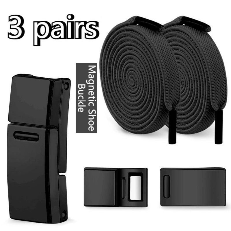 3-Pair Set - Magnetic Wide Elastic No-Tie Shoelaces, Lazy Magnetic Lock Stretch Laces for Kids and Adults - Black