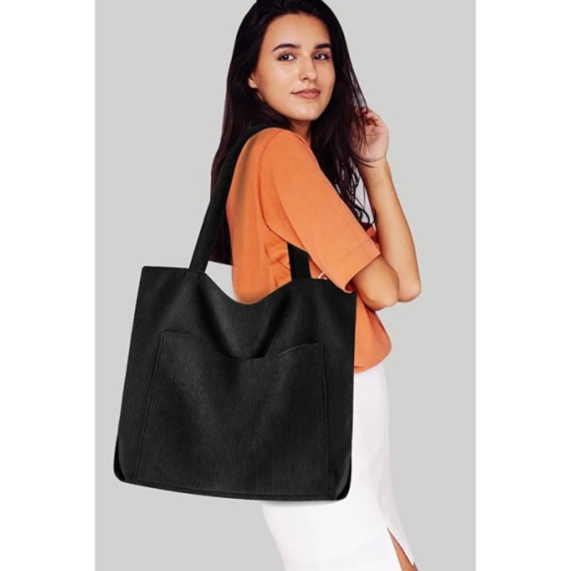 White Stylish Corduroy Canvas Tote Bag - Fashionable and Retro Shoulder Bag — image 4