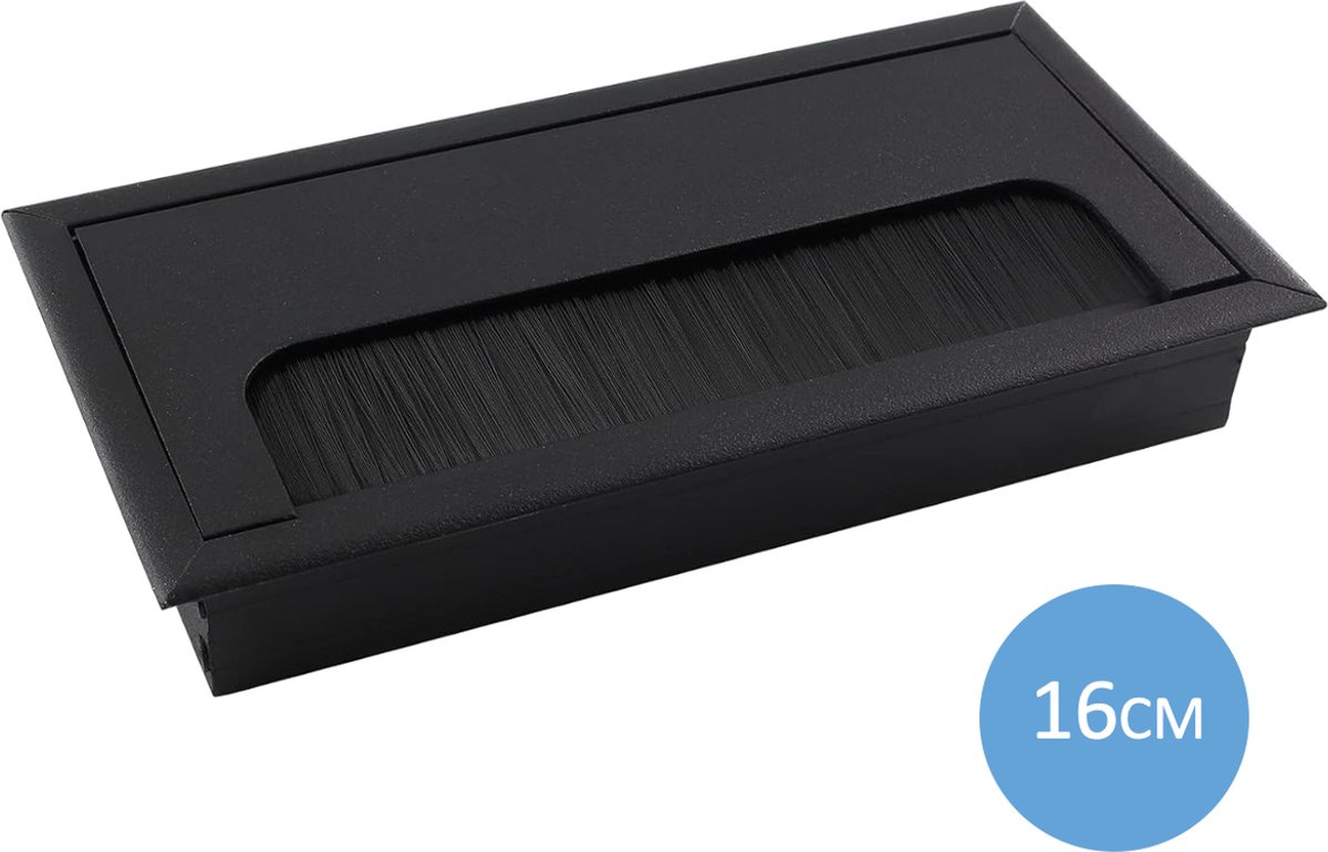 Noble Cable Grommet - Black Aluminum - Rectangle - Desk Cable Tray - Cable Hole with Brush Closure - Cable Organizer - Cable Cover - 16 x 8 cm - Matte Black