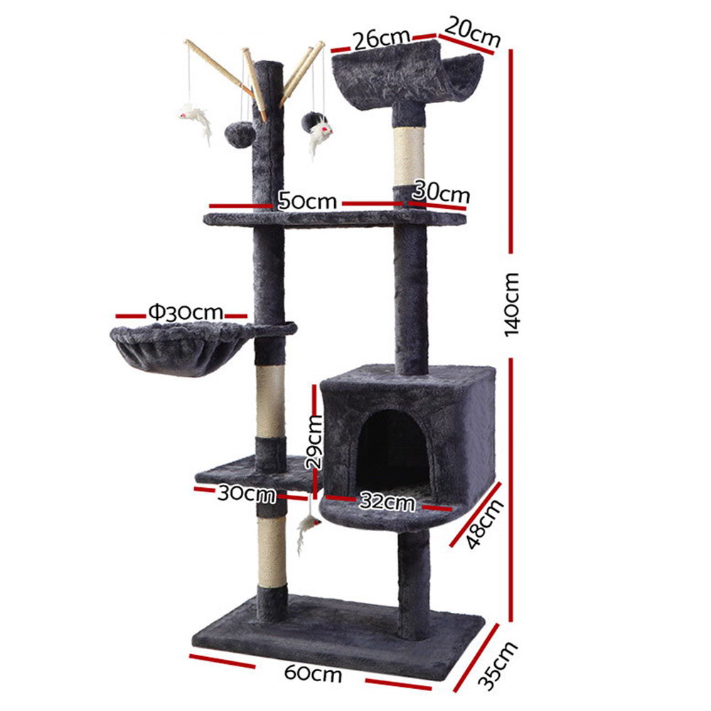 i.Pet Cat Tree 140cm Tower Scratching Post Scratcher Trees Toys Condo Bed Grey — image 2