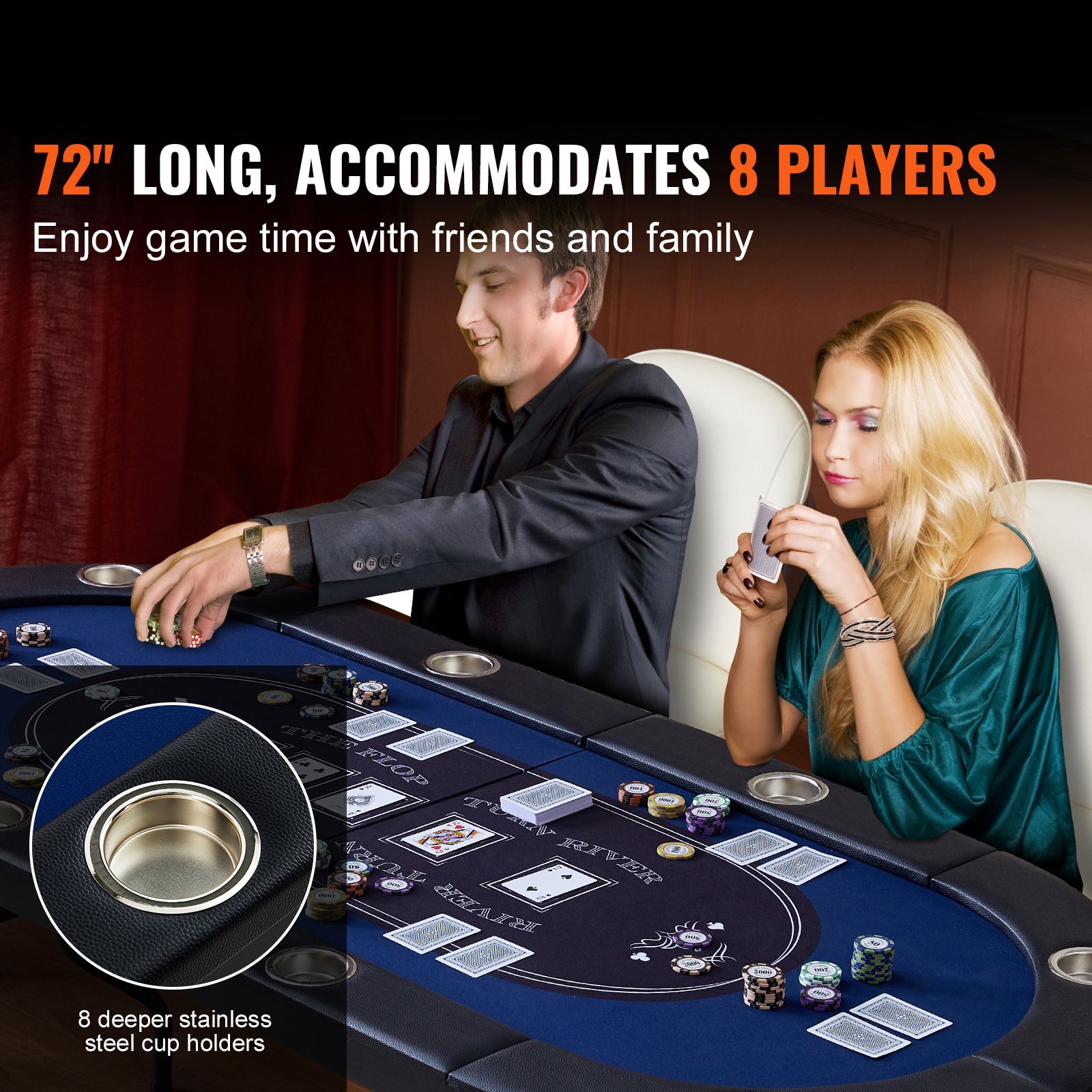 8 Player Foldable Poker Table, Blackjack Texas Holdem Poker Table with Padded Rails and Stainless Steel Cup Holders, Portable Folding Card Board Game — image 2