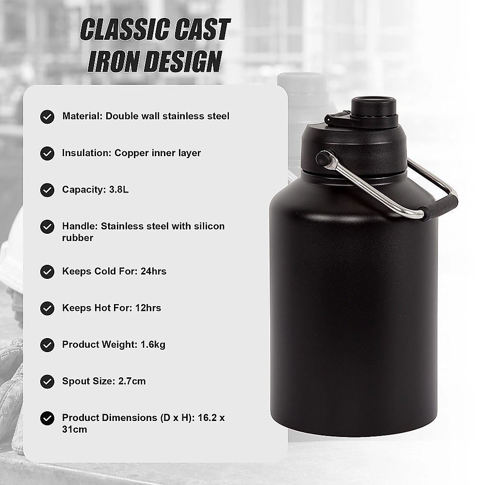 3.8L Double Wall Insulated Stainless Steel Water Bottle – Large Hot & Cold Drink Jug — image 4