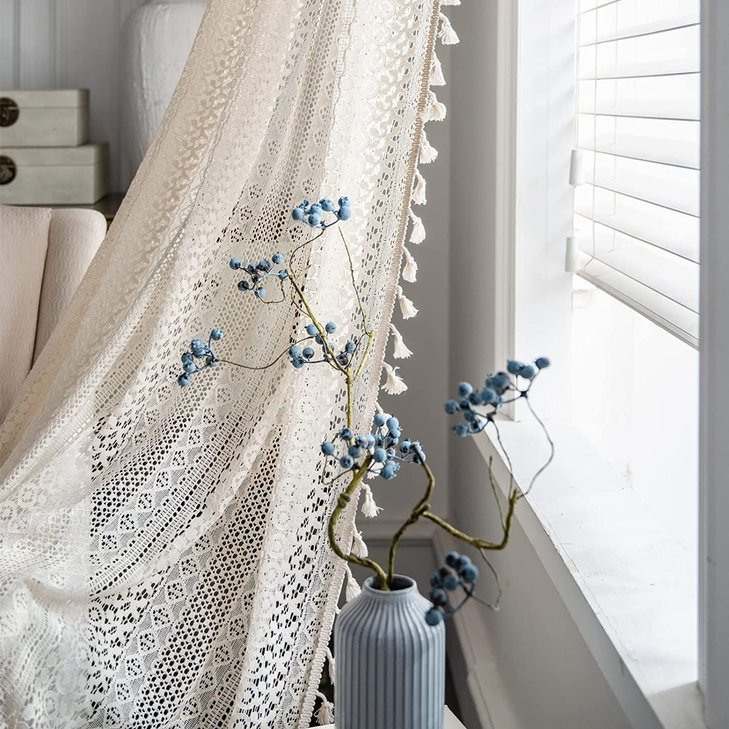 Curtains Crochet Lace Semi-Sheer Bohemian Hollow Knitted Handmade Tassels, Rod Pocket Window Treatment Vintage Rustic Farmhouse — image 5
