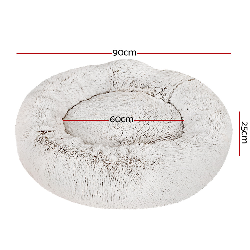 i. Pet Bed Dog Cat 90cm Large Calming Soft Plush White Brown — image 2