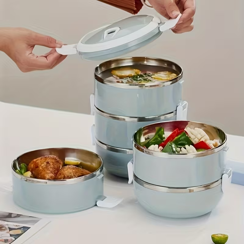 Two-layer circular lunch boxes, stainless steel insulated lunch containers, covered storage containers, suitable for office workers, school trips, camping and — image 4