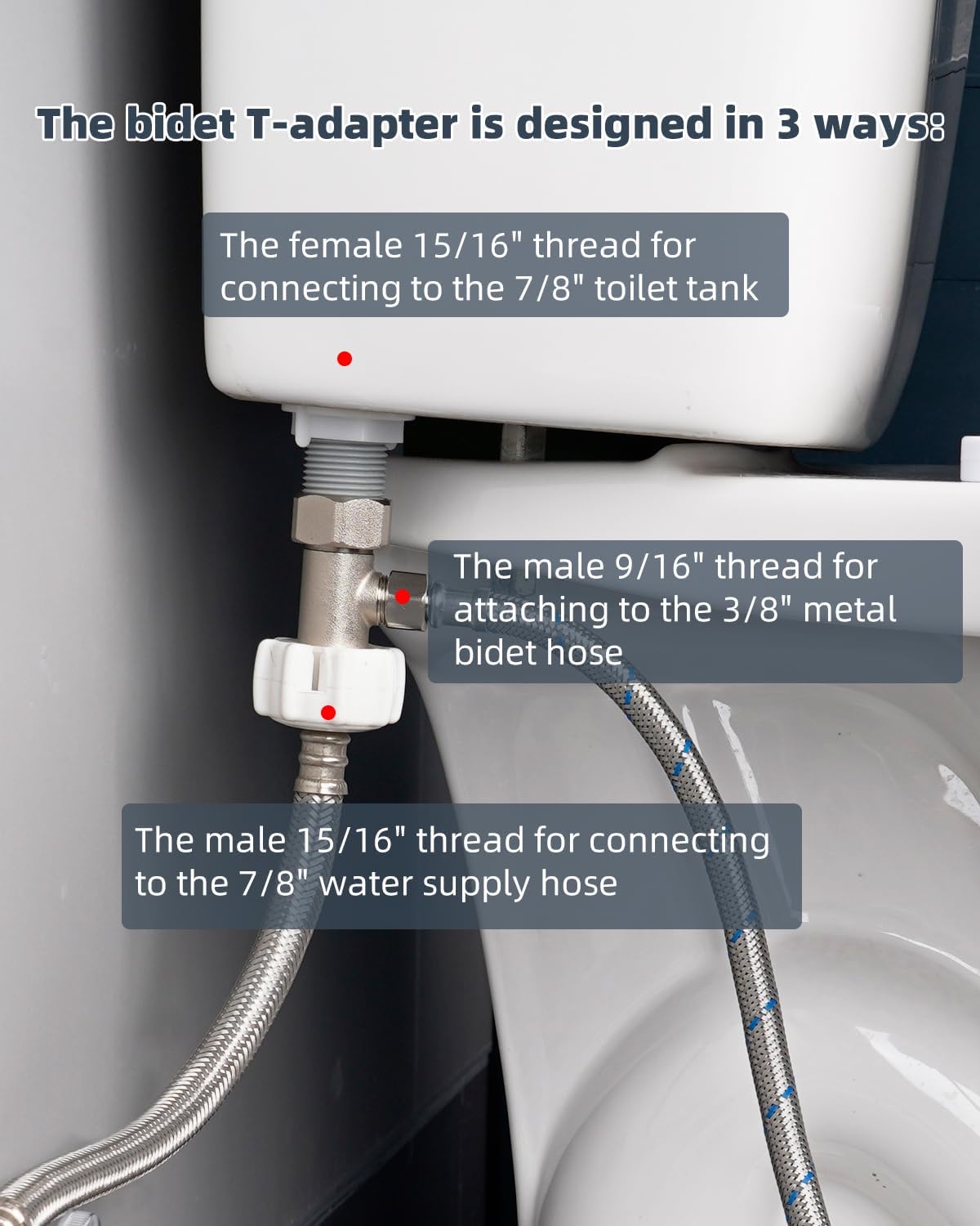 Bidet T Adapter, Metal T Valve for Bidet(7/8” x 7/8” x 3/8”) or (15/16" x 15/16" x 9/16"), 3 Way Tee Connector Bidet Attachment for Toilet — image 6