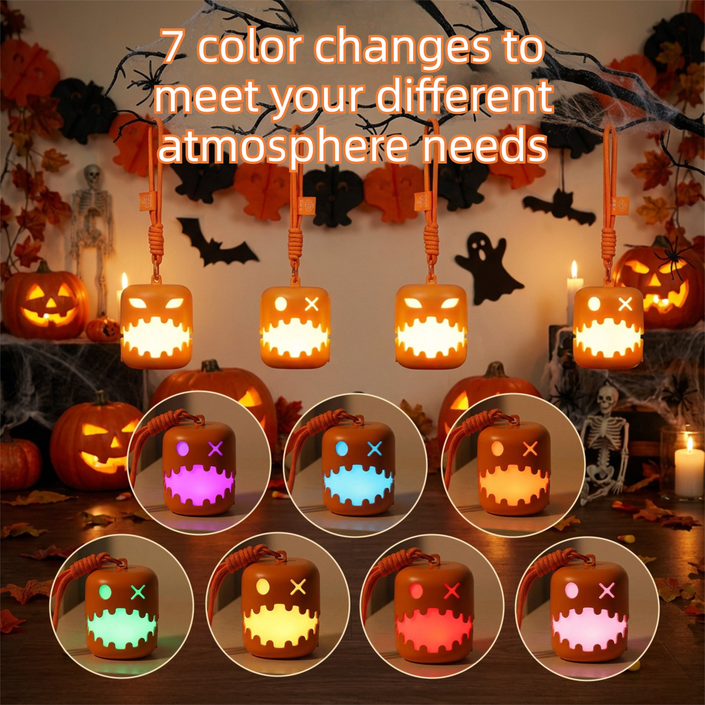 3PCS Dual-Sided Halloween Pumpkin Fun Lantern - Rechargeable Pull Cord LED Night Light with 7-Color Flash and Warm White Modes โ image 2