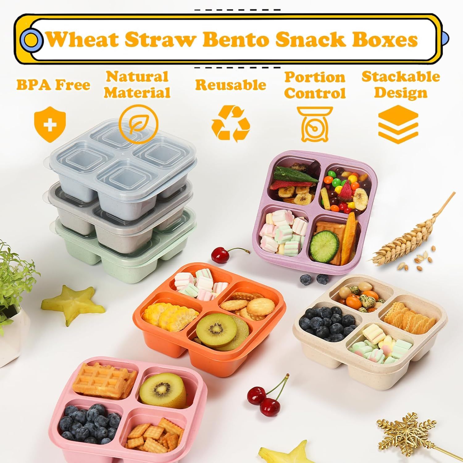 4-Pack Wheat Straw Bento Snack Boxes, 4-Compartment Reusable Lunch Containers for Kids & Adults, BPA-Free Portion Control, Microwave & Freezer Safe — image 4