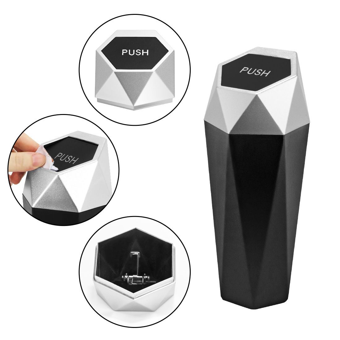 550ML Silver Car Trash Can with Automatic Rebound Lid & Diamond Design - Portable Waste Bin and Odour Proof Storage, Easy to Clean for Office Home Car Center — image 4