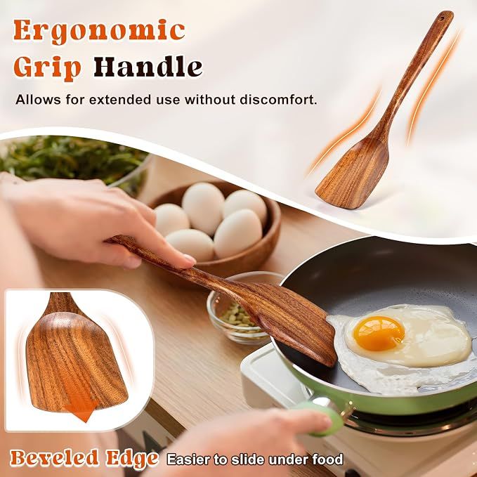 2Pcs Wooden Spatula, Acacia Solid & Slotted Turner Spatula Set, Long Handle Flat Frying Spatulas, Ideal Kitchen Gift for Mother and Grandma, Kitchen Utensils — image 2