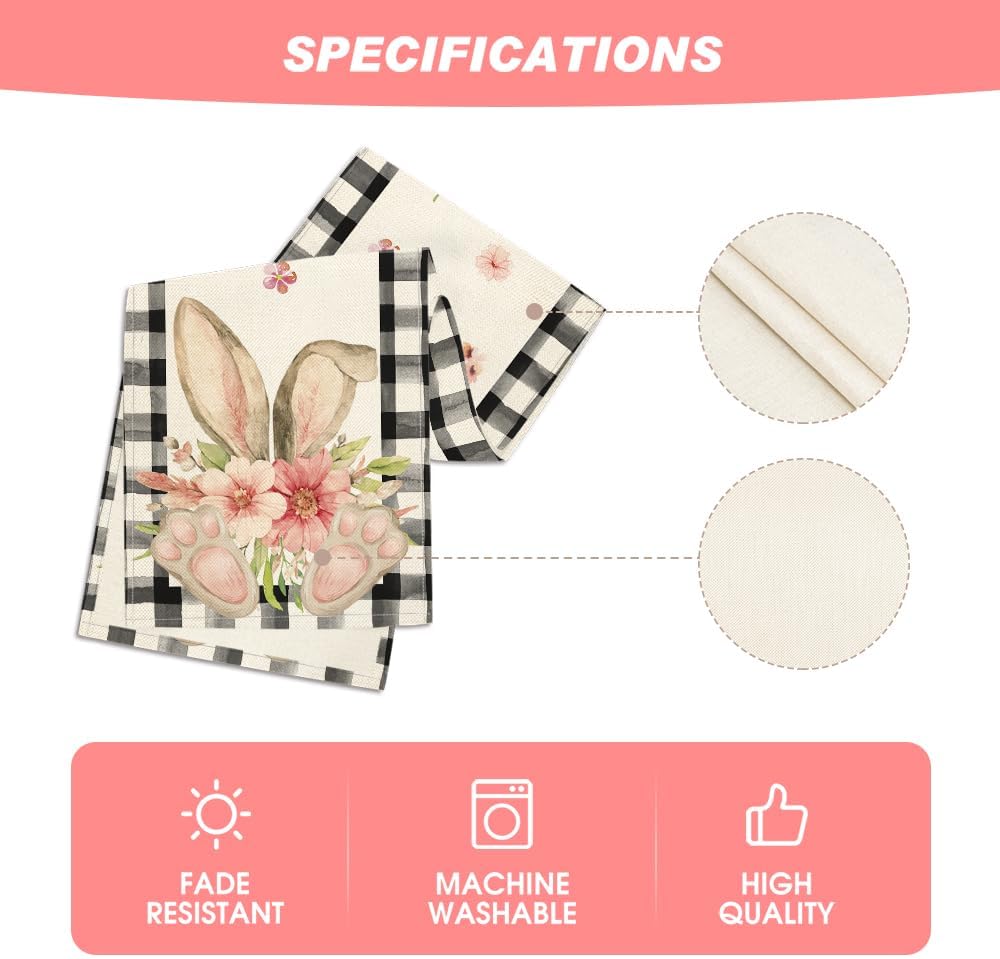 Buffalo Plaid Bunny Ear Foot Flower Easter Table Runner, Seasonal Spring Kitchen Dining Table Decoration for Home Party Decor 13 × 72 Inch — image 5