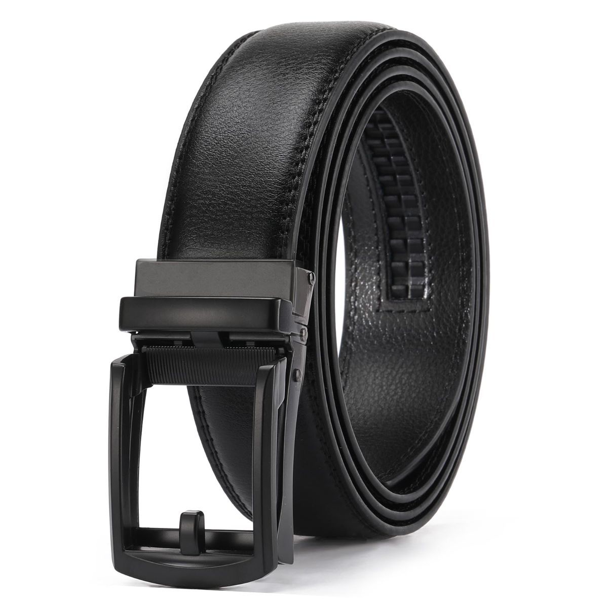 Ratchet Belt for Men Genuine Leather - Micro-Adjust Buckle Trim to Fit Dress Belt Casual to Formal Gift Boxed - Basic Black - Size 28"-44" Waist Adjustable
