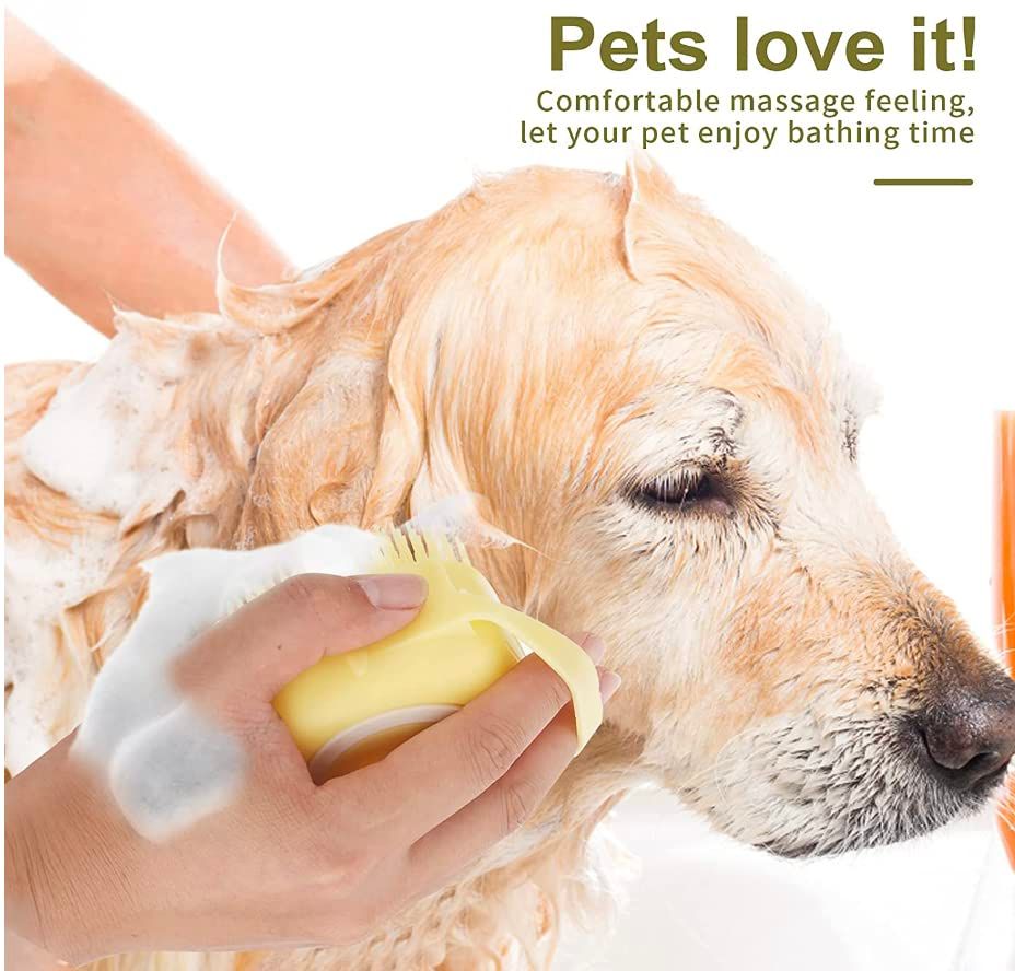 Pet Grooming Bath Massage Brush with Soap and Shampoo Dispenser, Soft Silicone Bristles for Long/Short Hair, Shower, Yellow — image 2