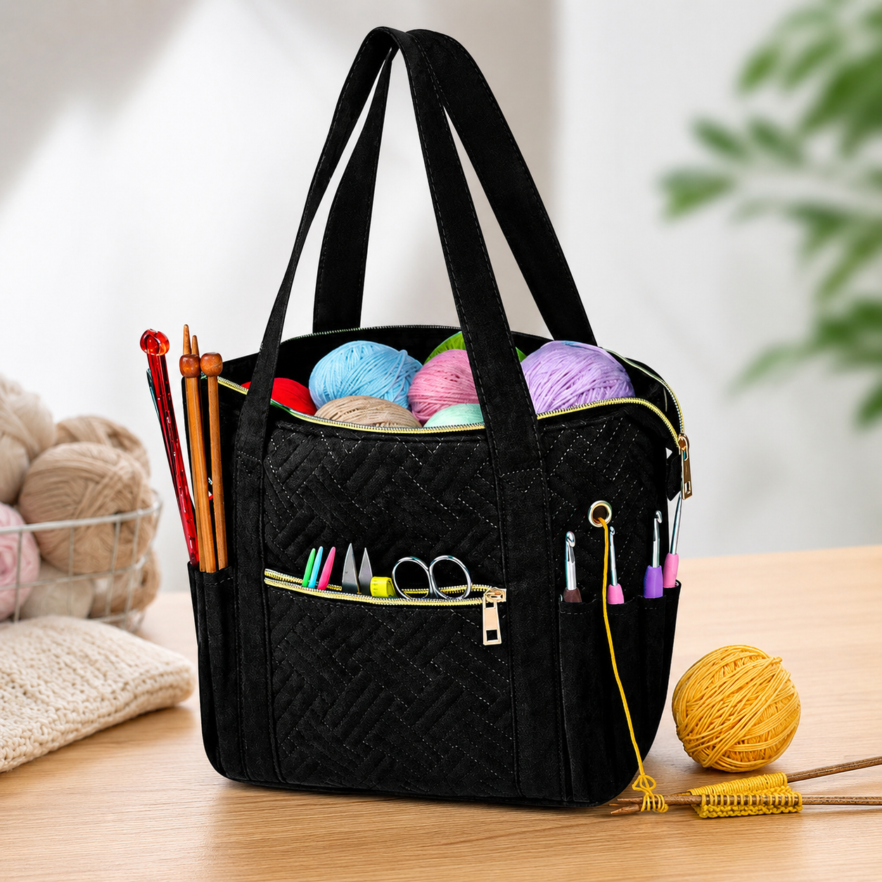 Crochet Bag Organizer for Yarn Storage, Velvet Knitting Tote Bag with Double Handle for Crochet Accessories, Portable Travel Case for Yarn Balls, Crochet