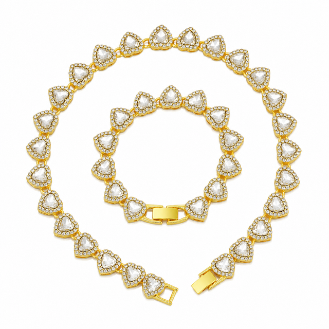 Gold-Plated Heart Rhinestone Cuban Link 20 inch Tennis Necklace and 8 inch Tennis Bracelet Set for Women, Crystal Heart Chain Fashion Jewelry Accessories with
