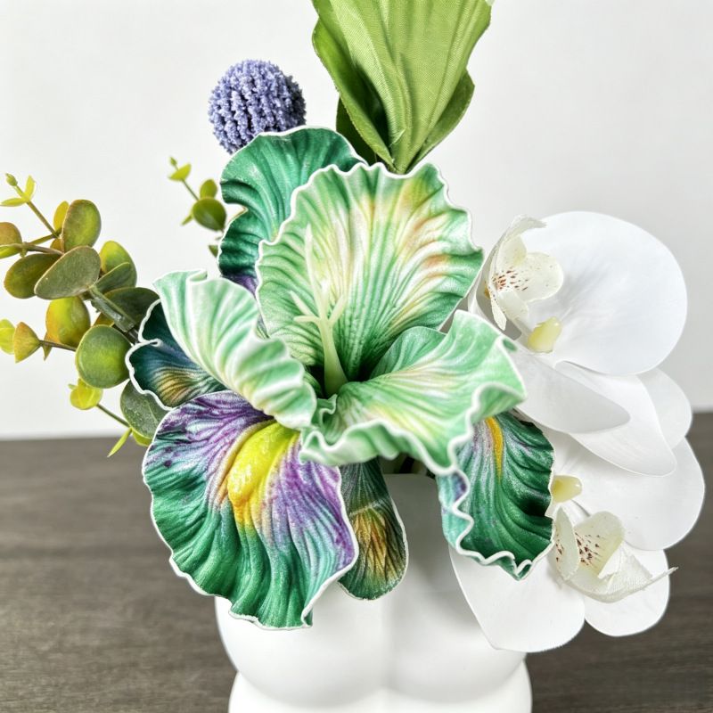 Simulated iris potted plant, floral artistry vibrant and colorful, pumpkin planter round and versatile, no maintenance ready to display upon opening, brightens โ image 3