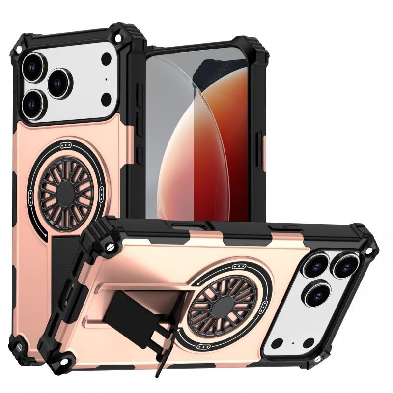 Armor Heavy Duty Magnetic Rotating Ring Kickstand Phone Case For iPhone 16 Pro Max, Anti-Drop Protective Cover In RoseGold