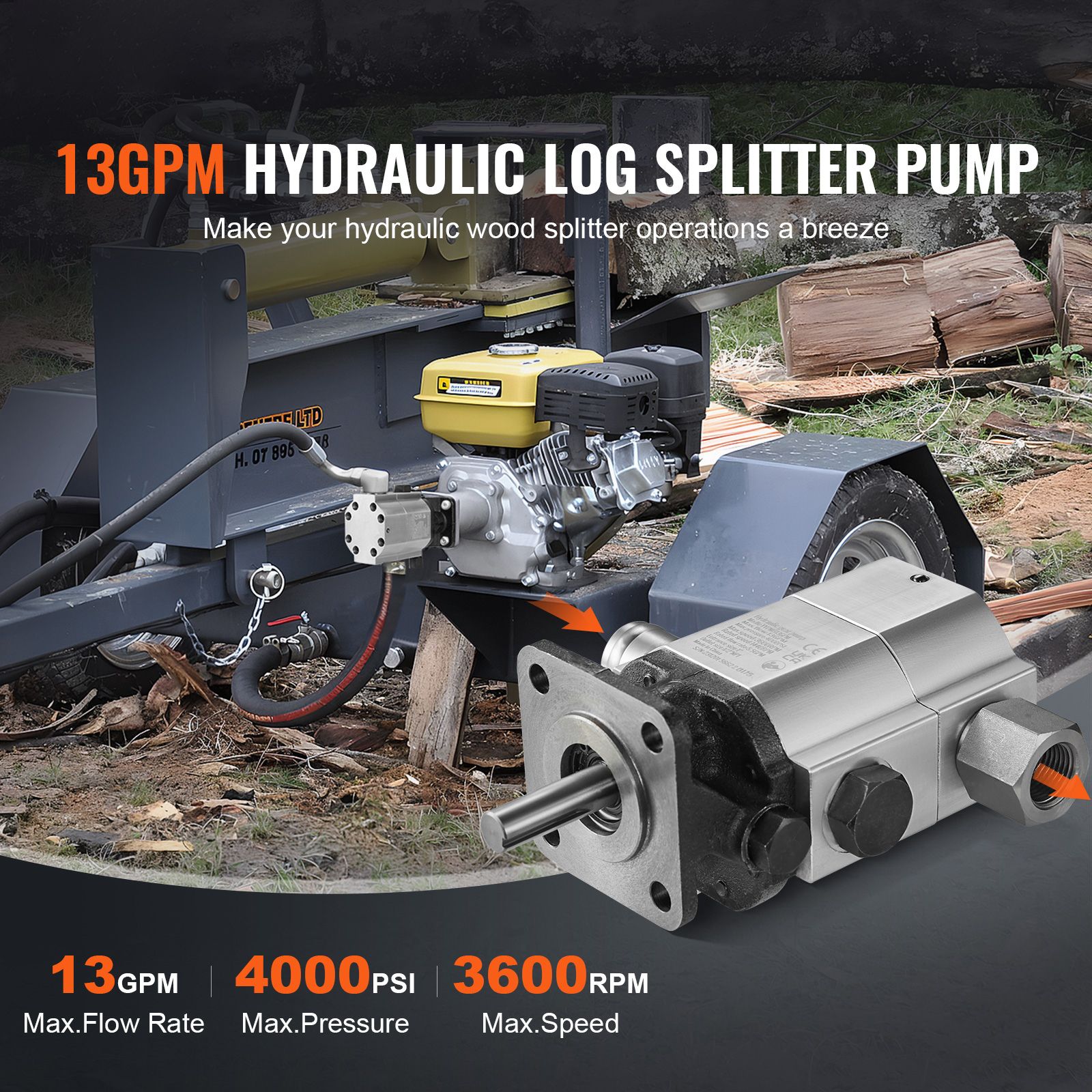 Hydraulic Wood Log Splitter Pump Kit, 13 GPM, 2 Stage 4000 PSI Aluminum Hydraulic Gear Pump, with Coupling Installation Base 1/2'' NPT Outlet 3600 RPM, for โ image 2