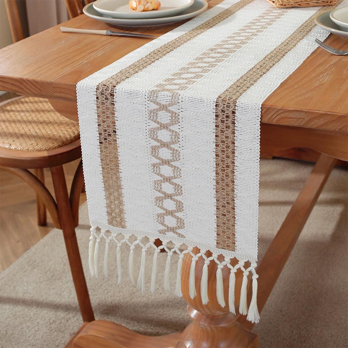Cotton Linen Table Runner with Knot Tassel Bed End Towel Long Tablecloth Mat - Black — image 4