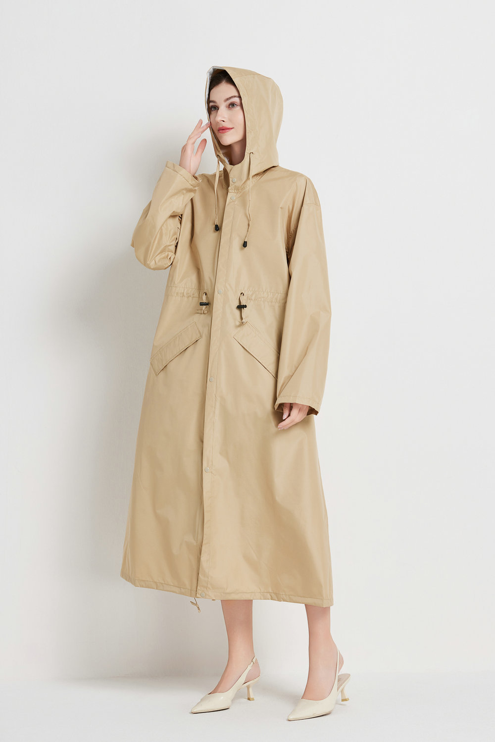 Size M Khaki Women's Chic Lightweight Waterproof Raincoat - Long Hooded Packable Rain Jacket with Pouch — image 5