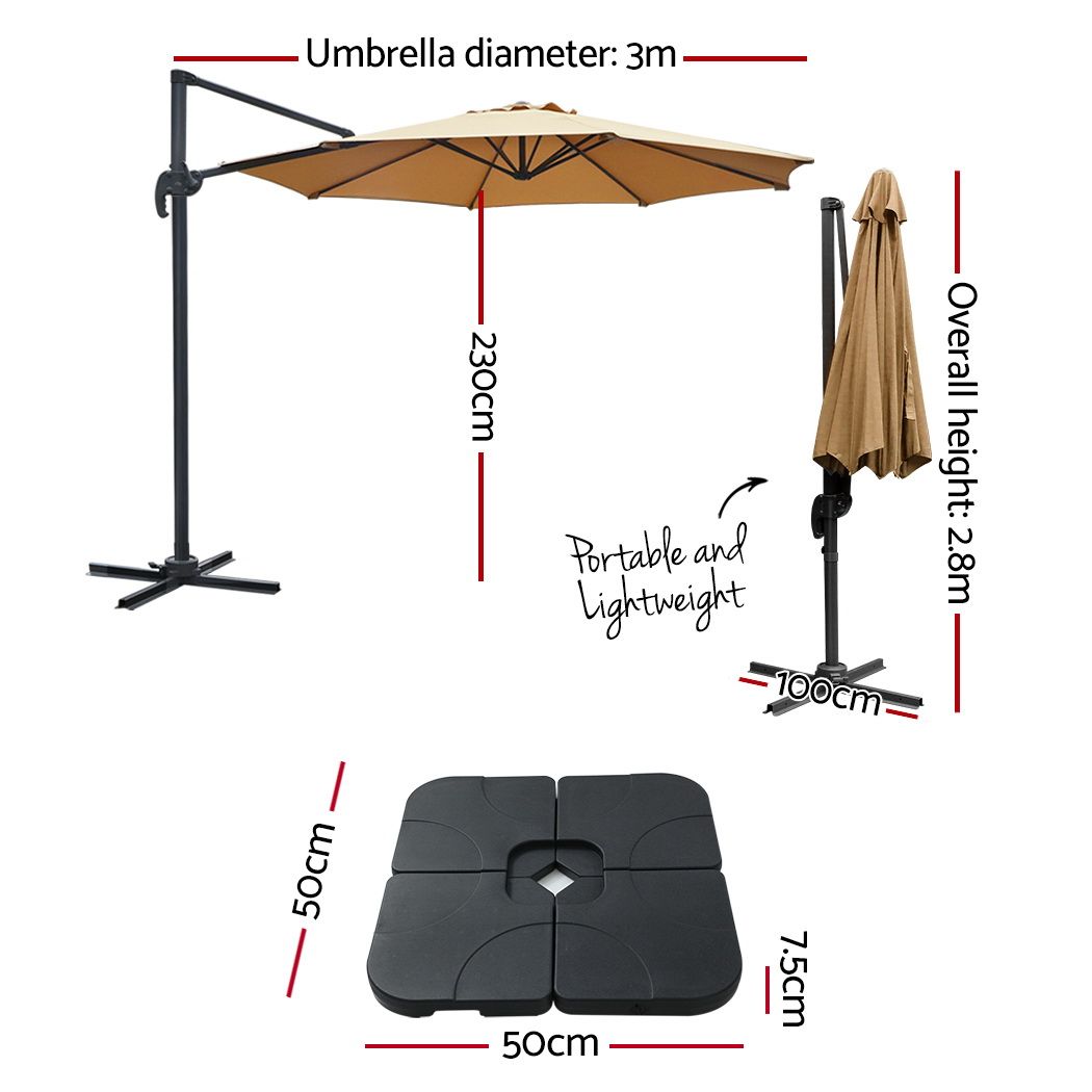 Instahut 3m Outdoor Umbrella w/Base Cantilever Beach Roma 360 Degree Tilt Beige โ image 2