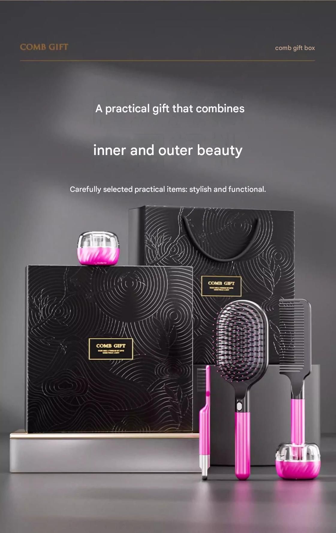 Rose Red 3-Piece Gift Box Set Premium ABS Hair Care Gift Set with Cushion Paddle Brush, Detangling Comb, Cleaning Brush & Stand - Elegant Mother’s Day or — image 4