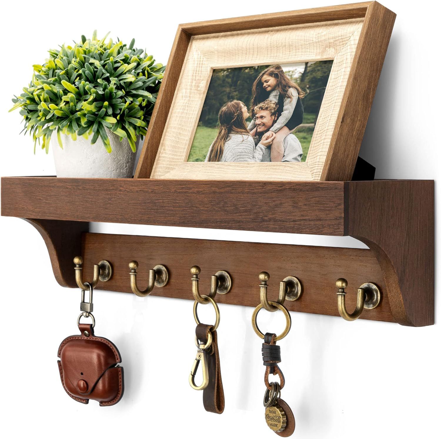 Wood Wall Key Holder with 5 Hooks and Shelf Brown, 35.6 cm